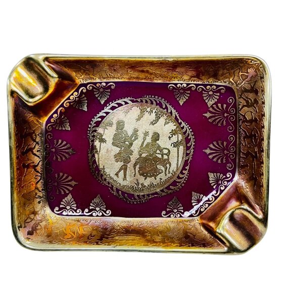 Vintage Decorative Ashtray Tirschenreuth Germany Romantic Silhouette Red Gold - Picture 7 of 11